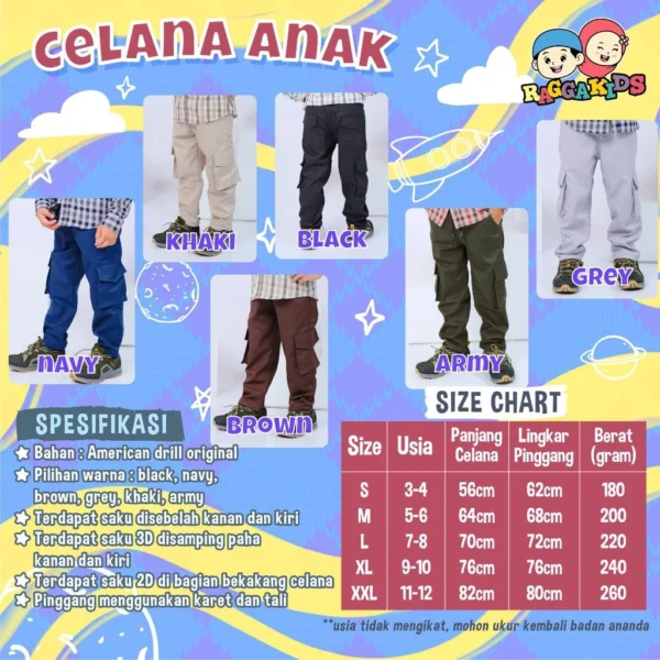 Raggakids Celana Kargo Panjang Anak - CREAM XL - Gambar 2